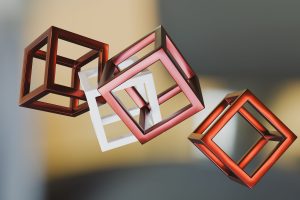 Artistic rendering of interconnected floating cubes with metallic finish against a neutral gradient background.